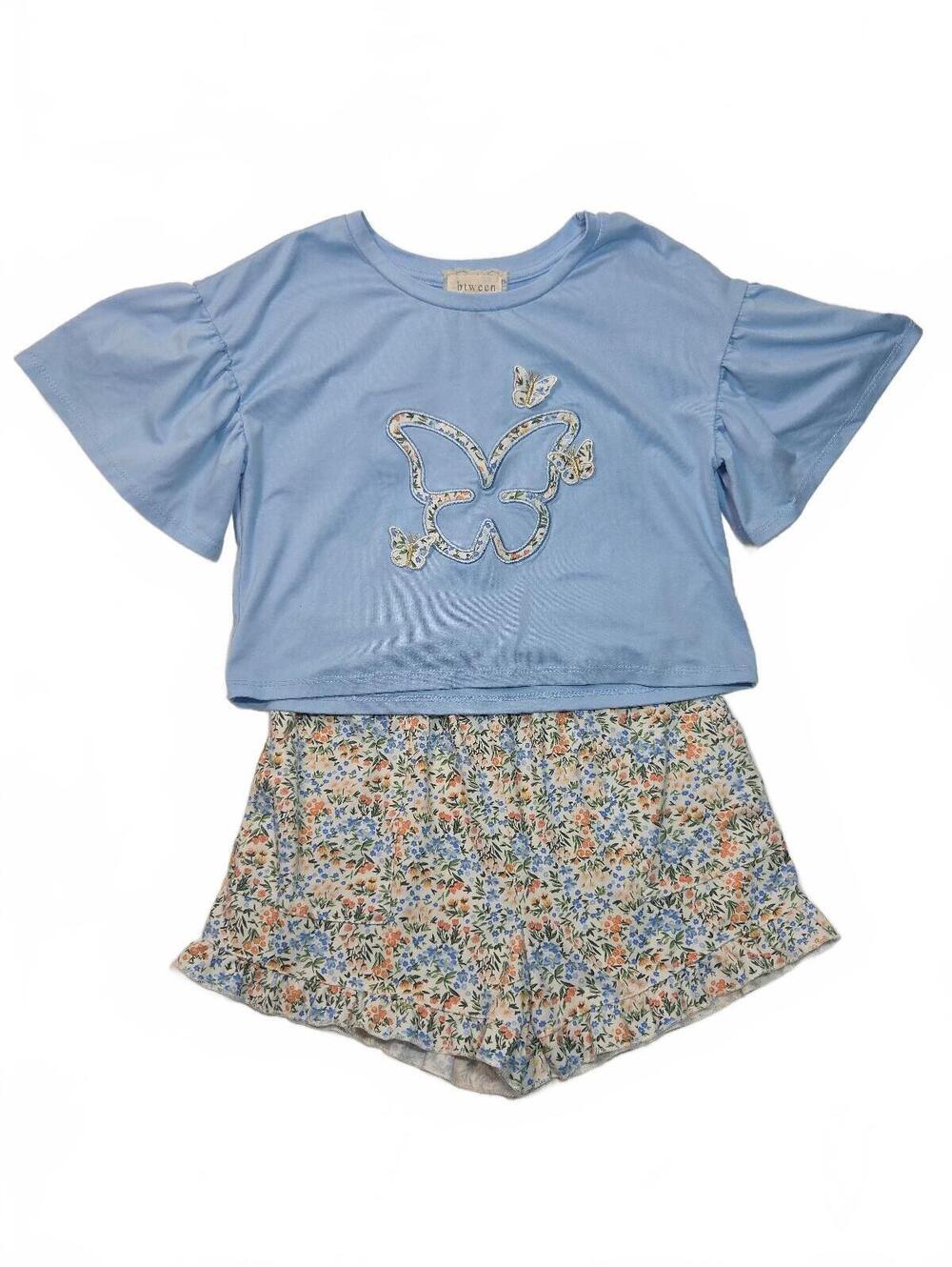 Girls Blue Butterfly Top with Floral Ruffle Shorts Set Size 8